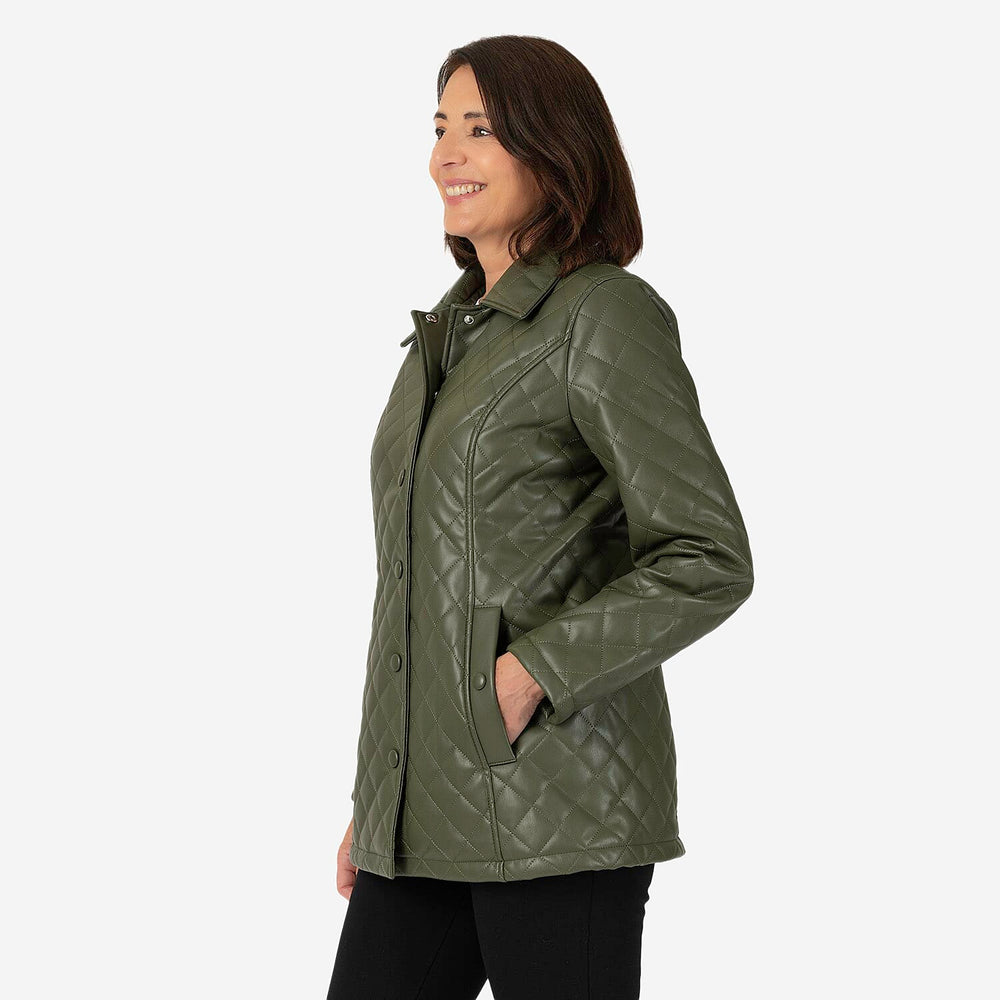 & maisi Women’s Faux Leather Quilted Jacket with Button Front, Collar & Pockets