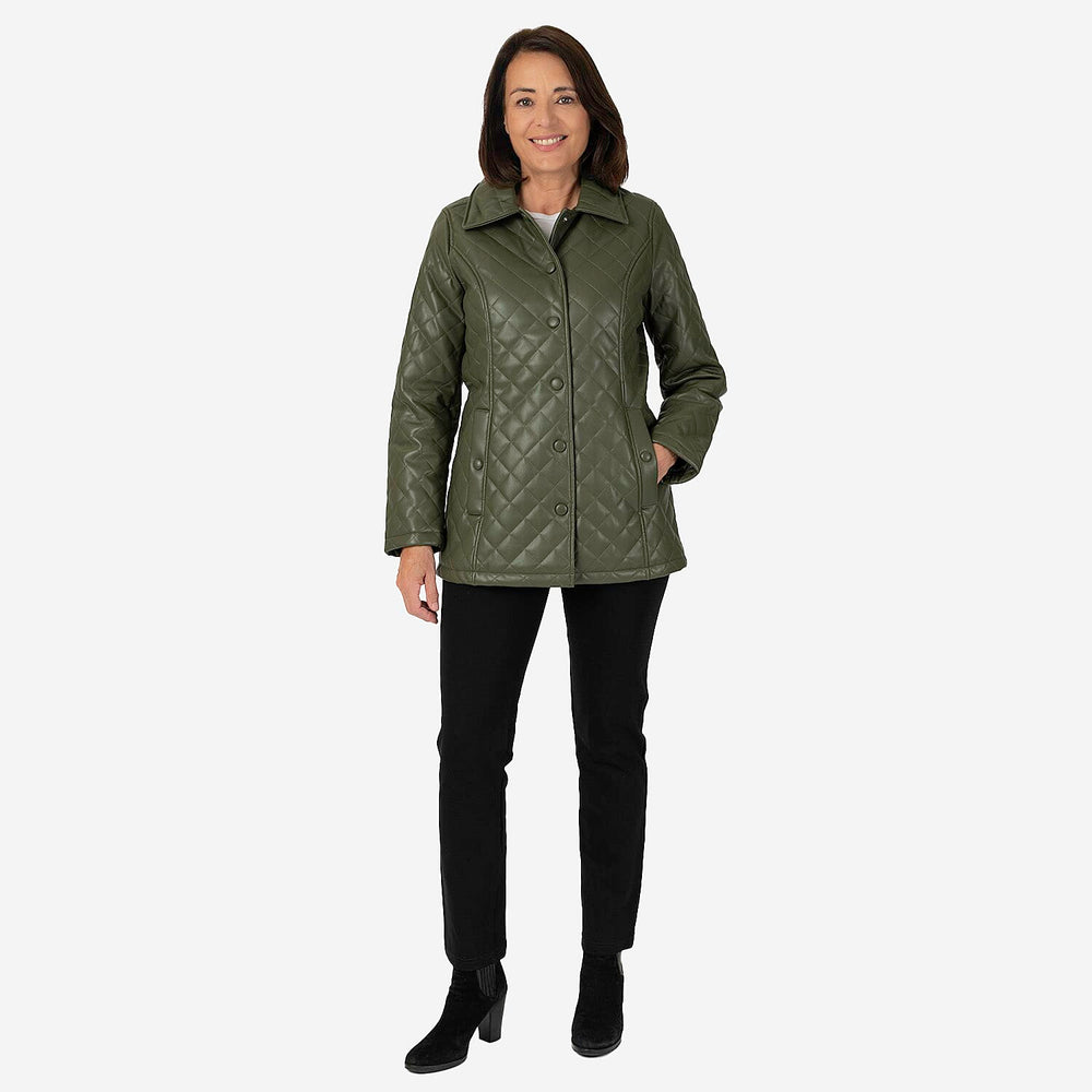 & maisi Women’s Faux Leather Quilted Jacket with Button Front, Collar & Pockets