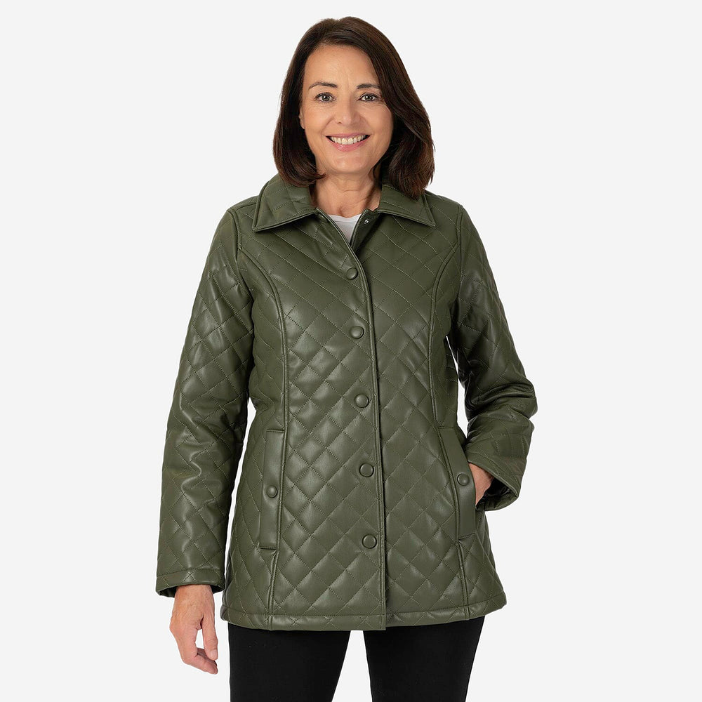 & maisi Women’s Faux Leather Quilted Jacket with Button Front, Collar & Pockets