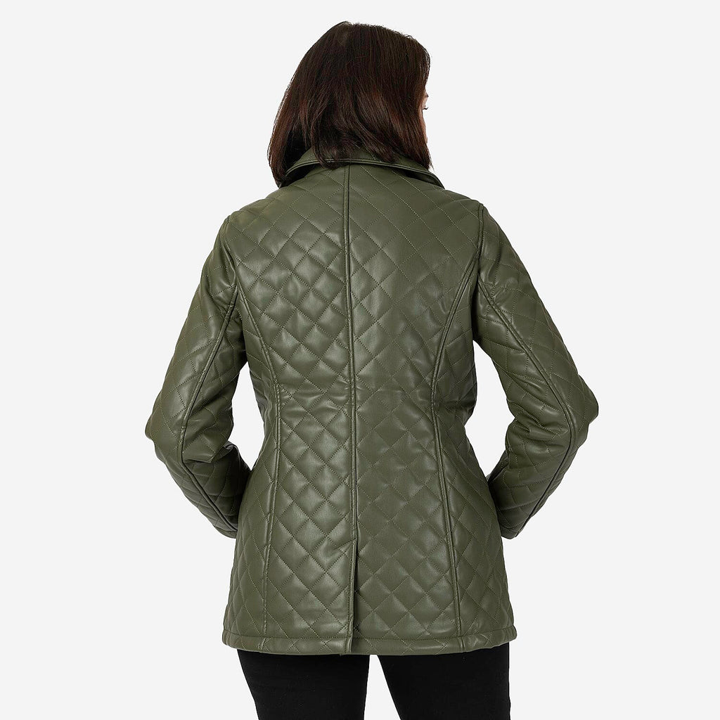 & maisi Women’s Faux Leather Quilted Jacket with Button Front, Collar & Pockets