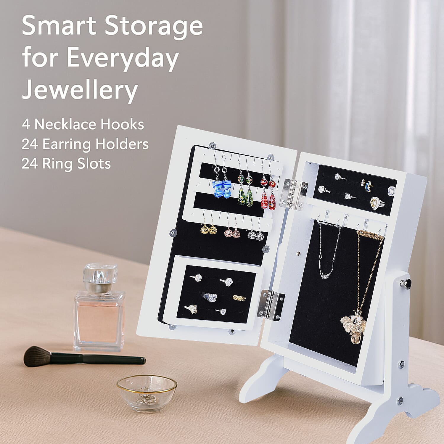 Portable MDF Jewellery Cabinet with Standing Mirror (Size 22x19x35cm) - White