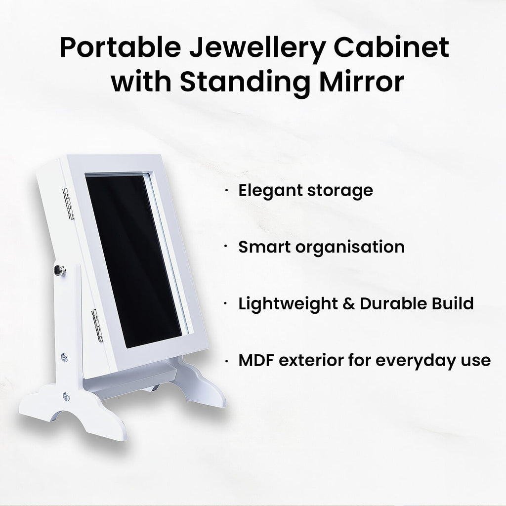 Portable MDF Jewellery Cabinet with Standing Mirror (Size 22x19x35cm) - White