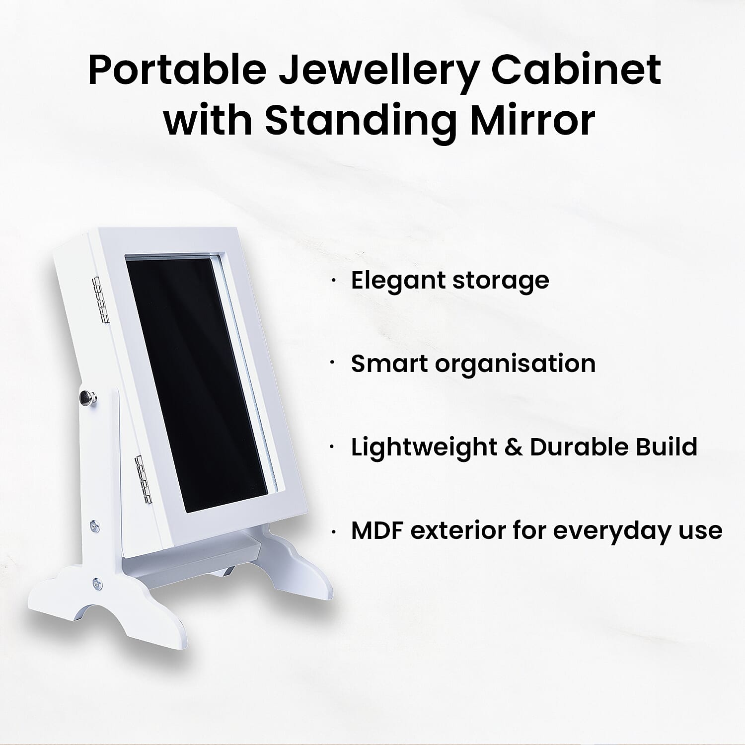 Portable MDF Jewellery Cabinet with Standing Mirror (Size 22x19x35cm) - White
