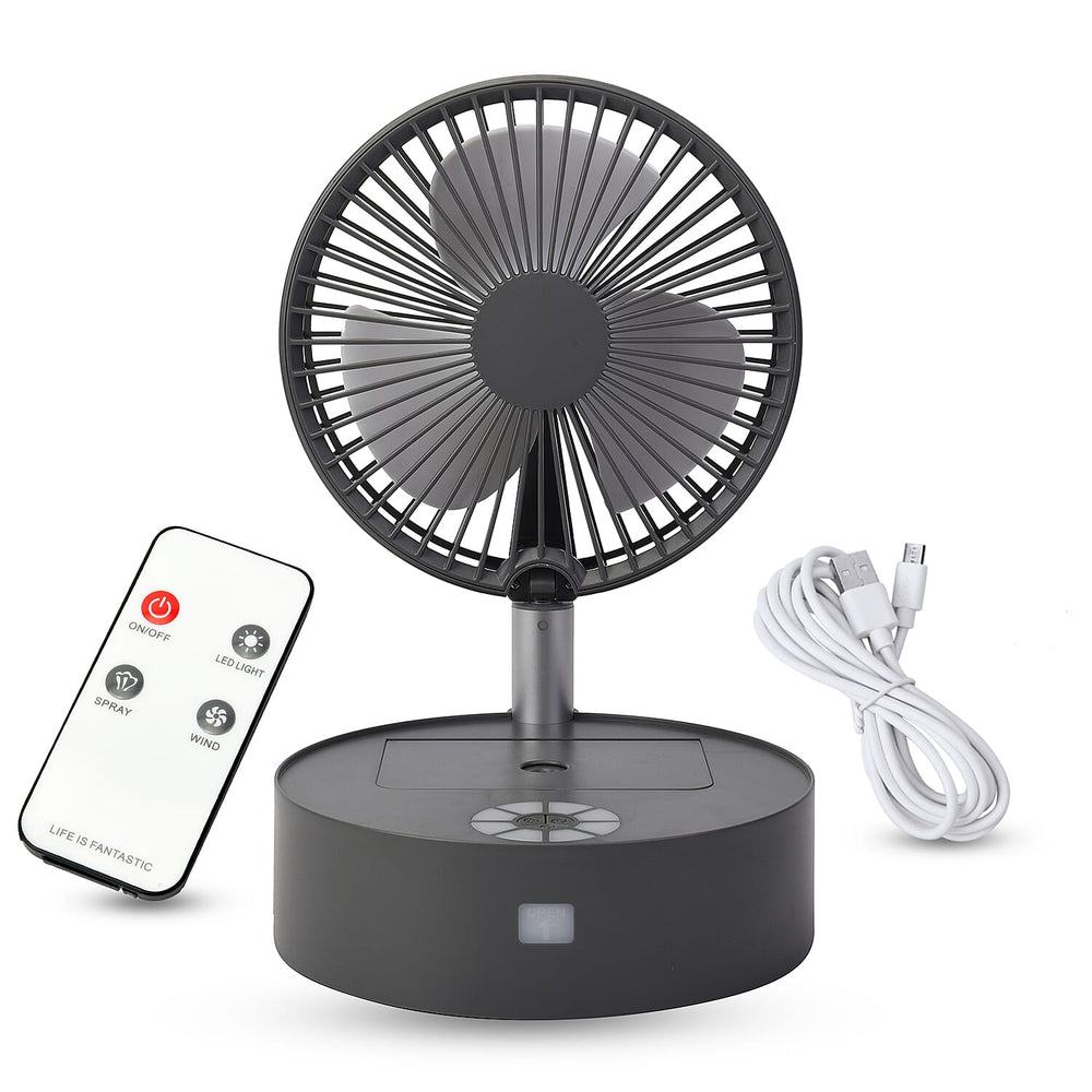 Portable and Lightweight Foldable Fan with Four Wind Speeds, LED Light And Mist Sprayer (Includes Remote Control And USB Cable) - Grey