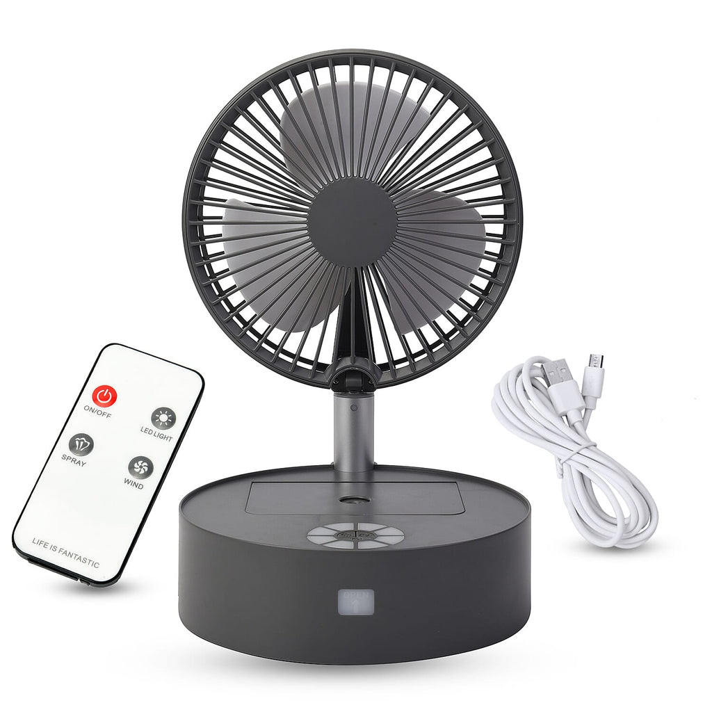 Portable and Lightweight Foldable Fan with Four Wind Speeds, LED Light And Mist Sprayer (Includes Remote Control And USB Cable) - Grey