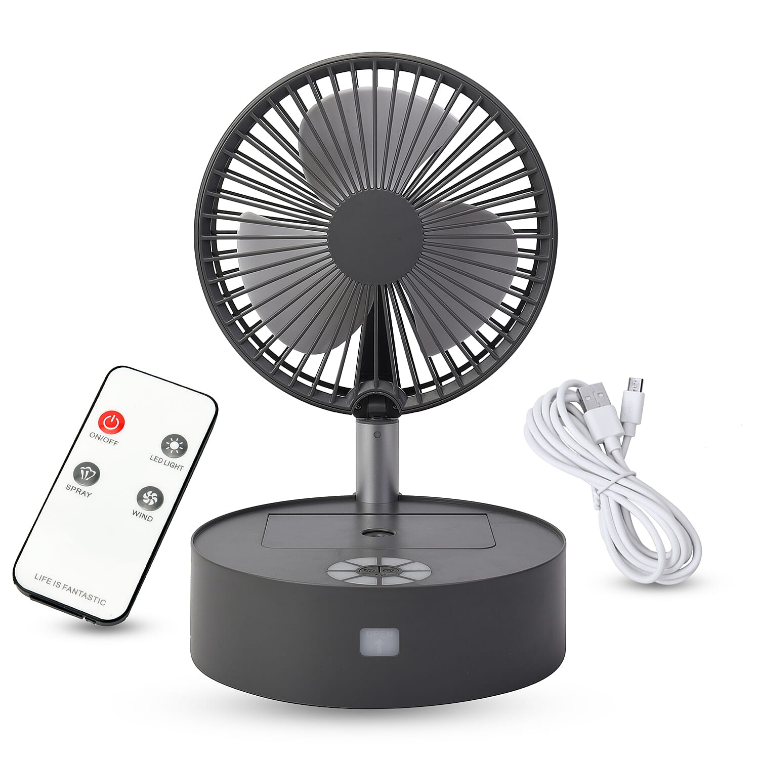Portable and Lightweight Foldable Fan with Four Wind Speeds, LED Light And Mist Sprayer (Includes Remote Control And USB Cable) - Grey