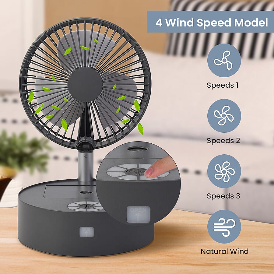 Portable and Lightweight Foldable Fan with Four Wind Speeds, LED Light And Mist Sprayer (Includes Remote Control And USB Cable) - Grey