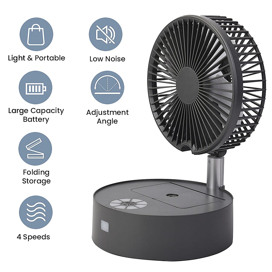 Portable and Lightweight Foldable Fan with Four Wind Speeds, LED Light And Mist Sprayer (Includes Remote Control And USB Cable) - Grey