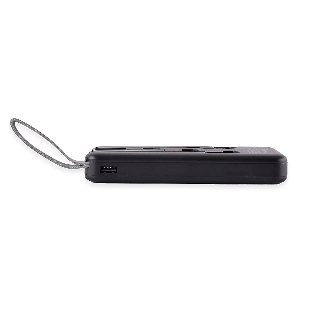 10000mAh Power Bank with Solar Panel & Built in 5 Outputs (4 Cables & 1 USB A Port) - Black