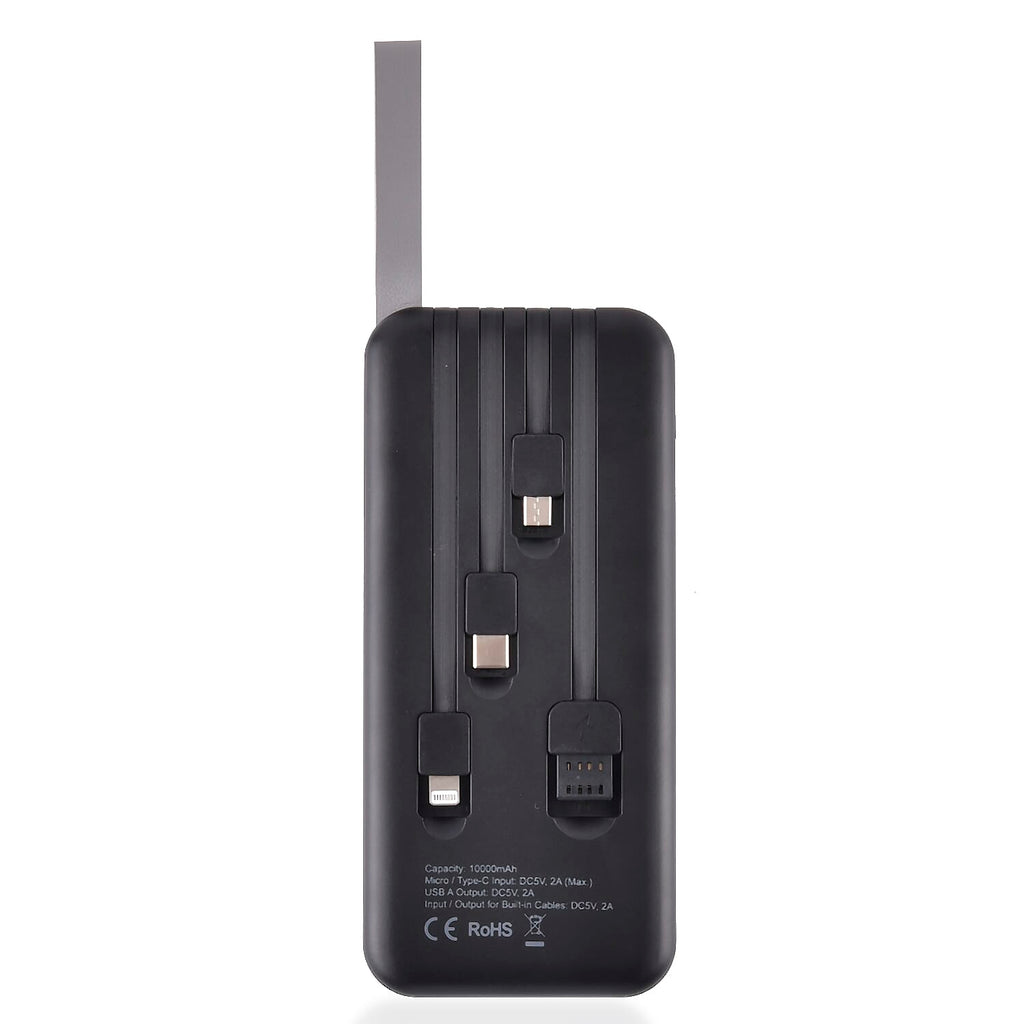 10000mAh Power Bank with Solar Panel & Built in 5 Outputs (4 Cables & 1 USB A Port) - Black