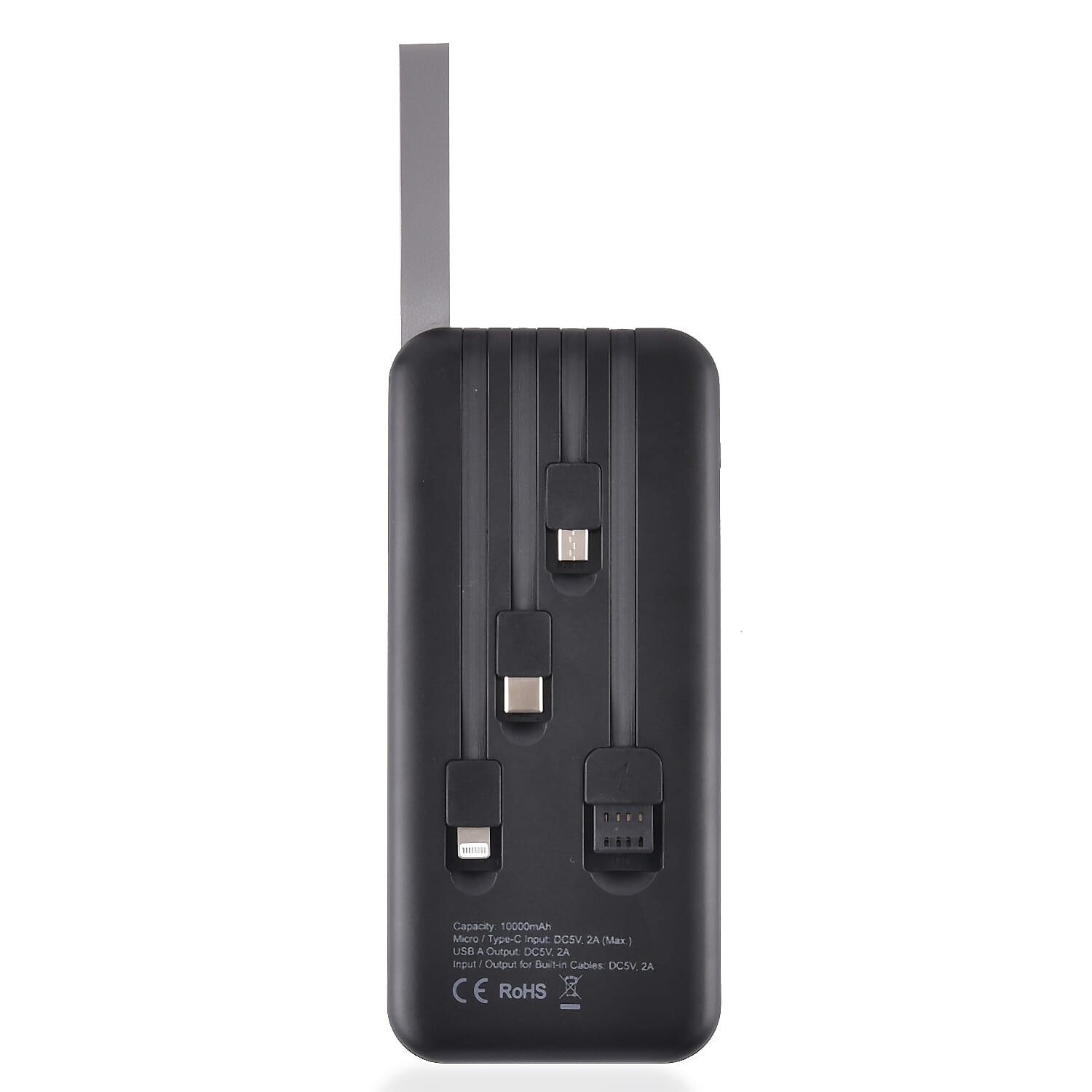 10000mAh Power Bank with Solar Panel & Built in 5 Outputs (4 Cables & 1 USB A Port) - Black