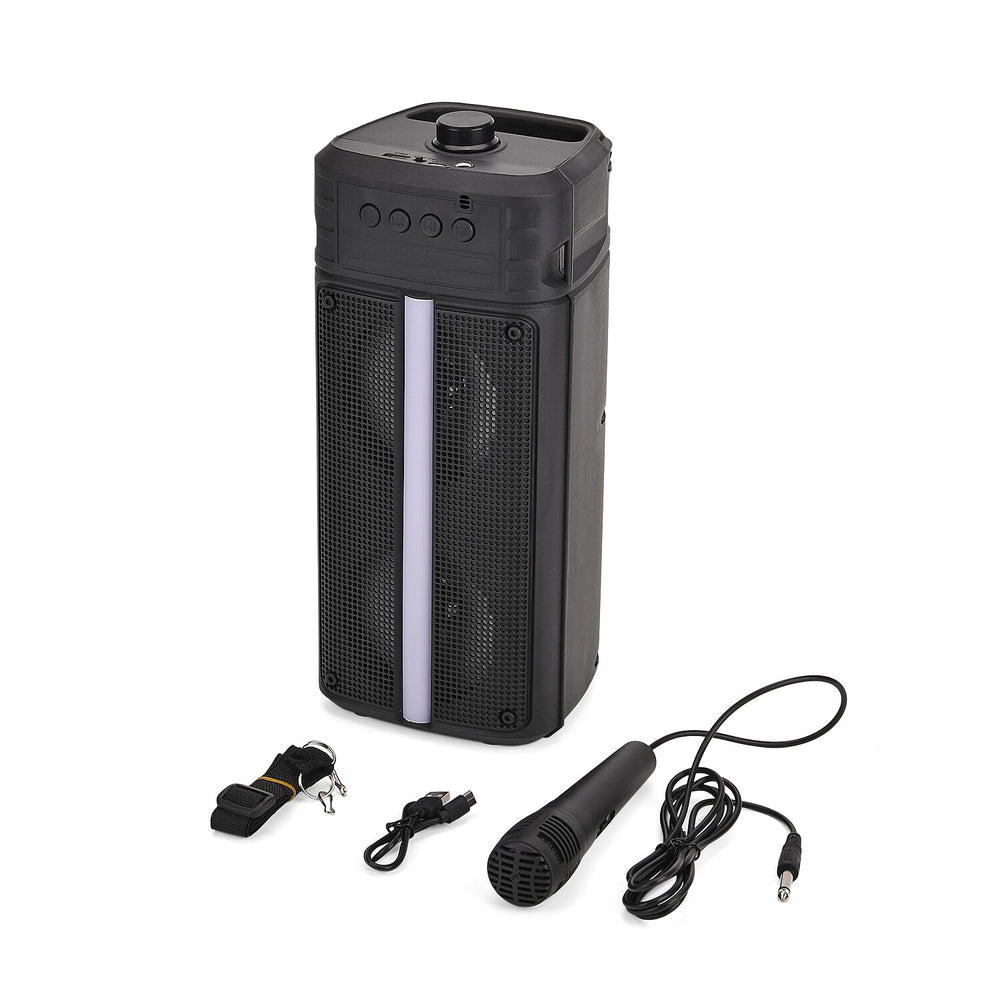Lowest Ever-Powerful Bluetooth Speaker with 2M Wired Microphone - Seven Colored Lights with 1800mAh Battery (Size 16x13.5x35cm) - Black