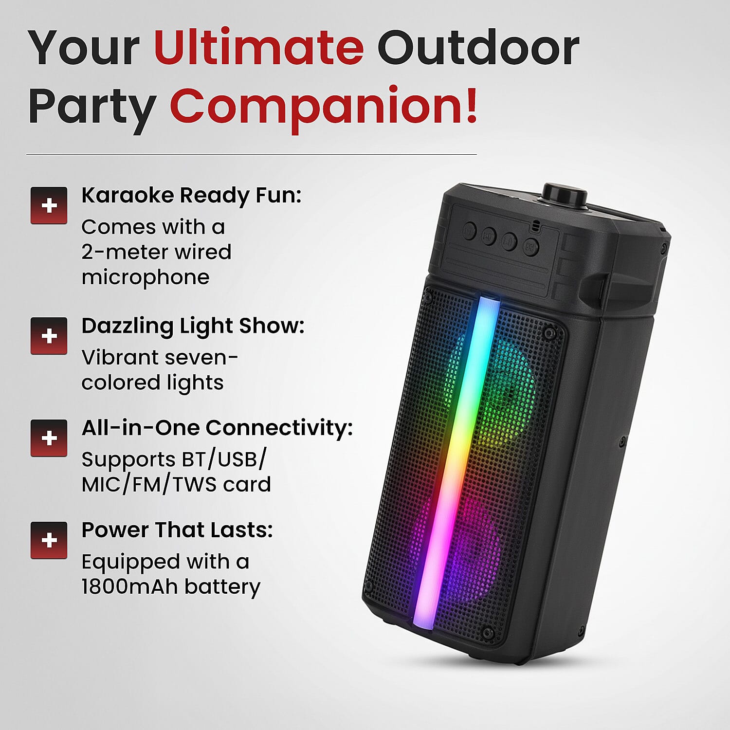 Lowest Ever-Powerful Bluetooth Speaker with 2M Wired Microphone - Seven Colored Lights with 1800mAh Battery (Size 16x13.5x35cm) - Black