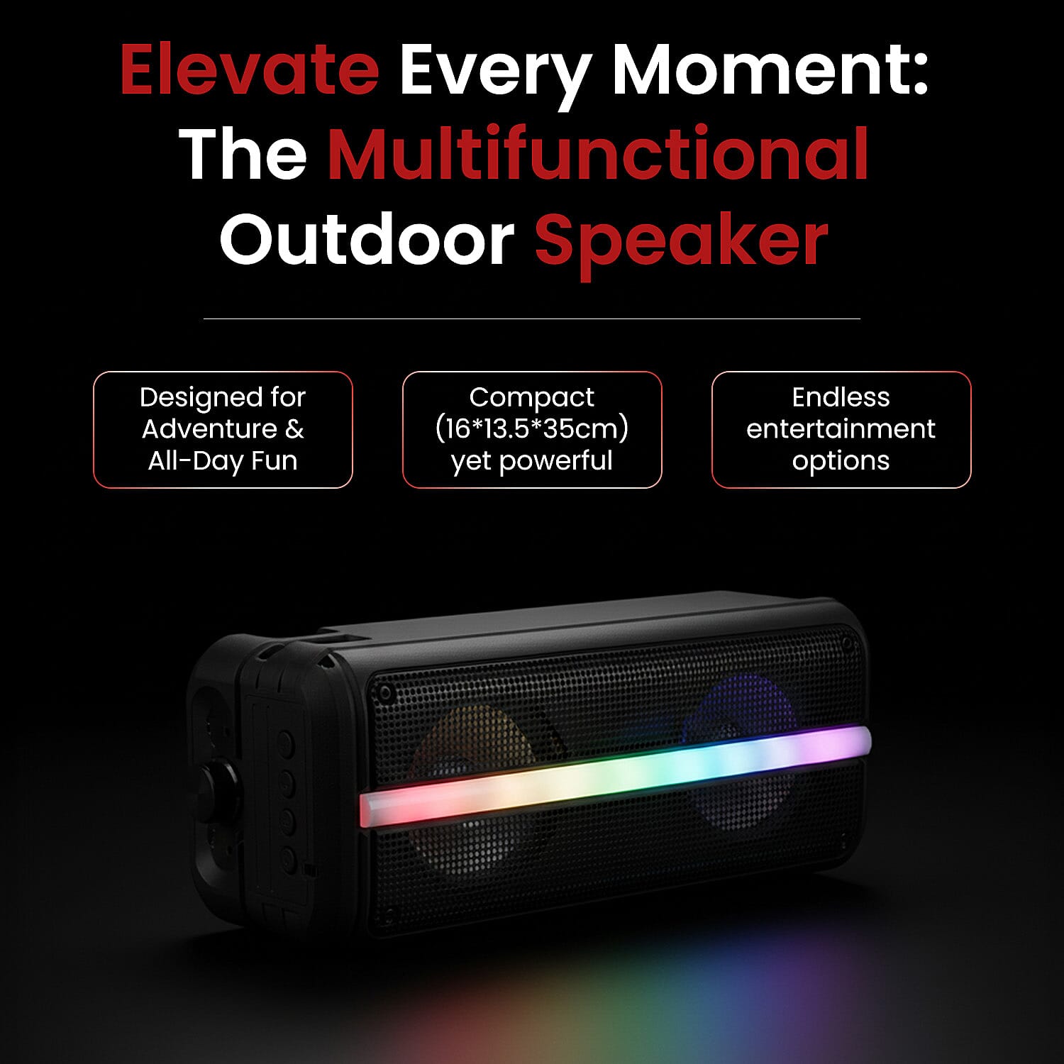 Lowest Ever-Powerful Bluetooth Speaker with 2M Wired Microphone - Seven Colored Lights with 1800mAh Battery (Size 16x13.5x35cm) - Black