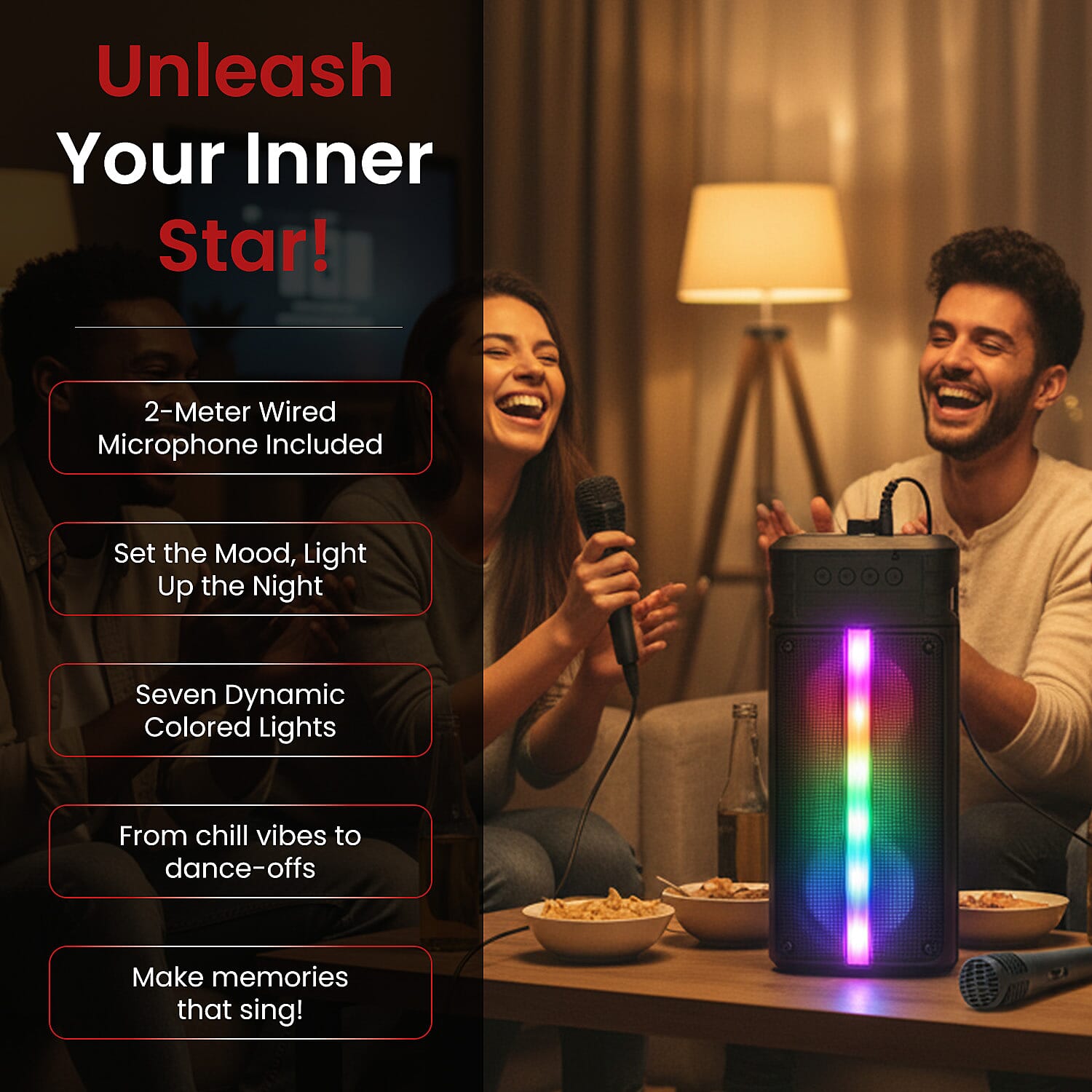 Lowest Ever-Powerful Bluetooth Speaker with 2M Wired Microphone - Seven Colored Lights with 1800mAh Battery (Size 16x13.5x35cm) - Black