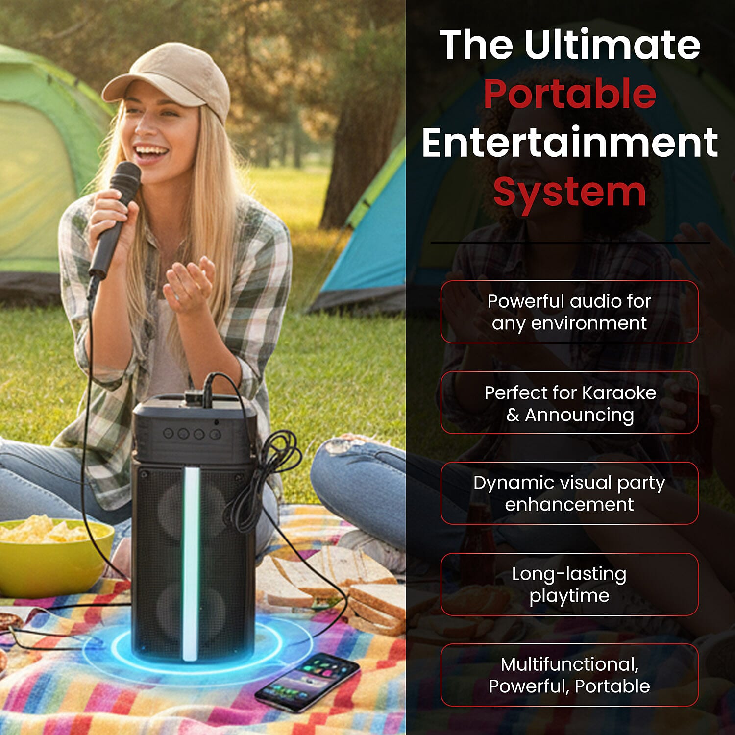Lowest Ever-Powerful Bluetooth Speaker with 2M Wired Microphone - Seven Colored Lights with 1800mAh Battery (Size 16x13.5x35cm) - Black