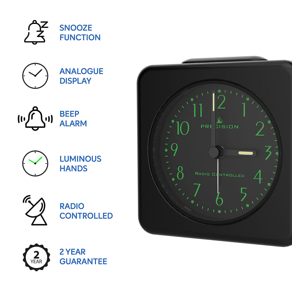 Precision Radio Controlled Alarm Clock - Analog Display with Snooze & Light (AA Battery Not Incl.) - Black