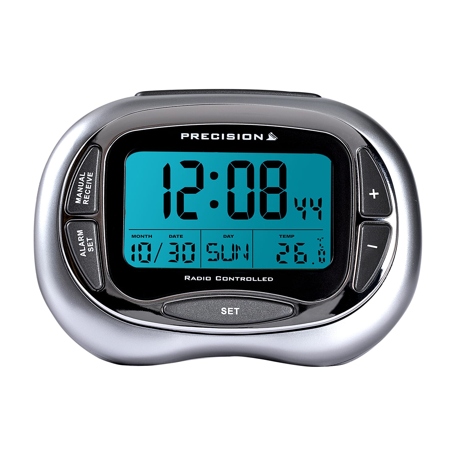 Digital Radio Controlled Alarm Clock - Time, Date, Temperature, Snooze & Backlight (2xAA Battery not Incl.) - Silver