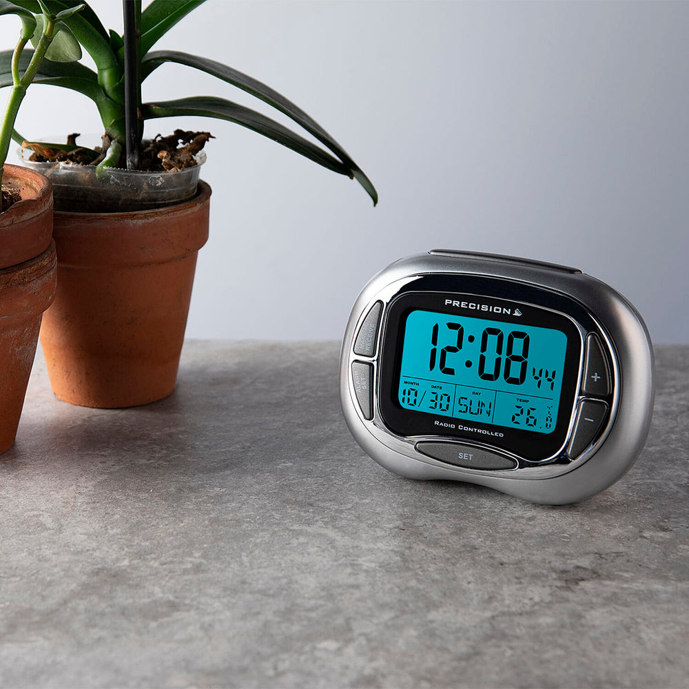 Digital Radio Controlled Alarm Clock - Time, Date, Temperature, Snooze & Backlight (2xAA Battery not Incl.) - Silver