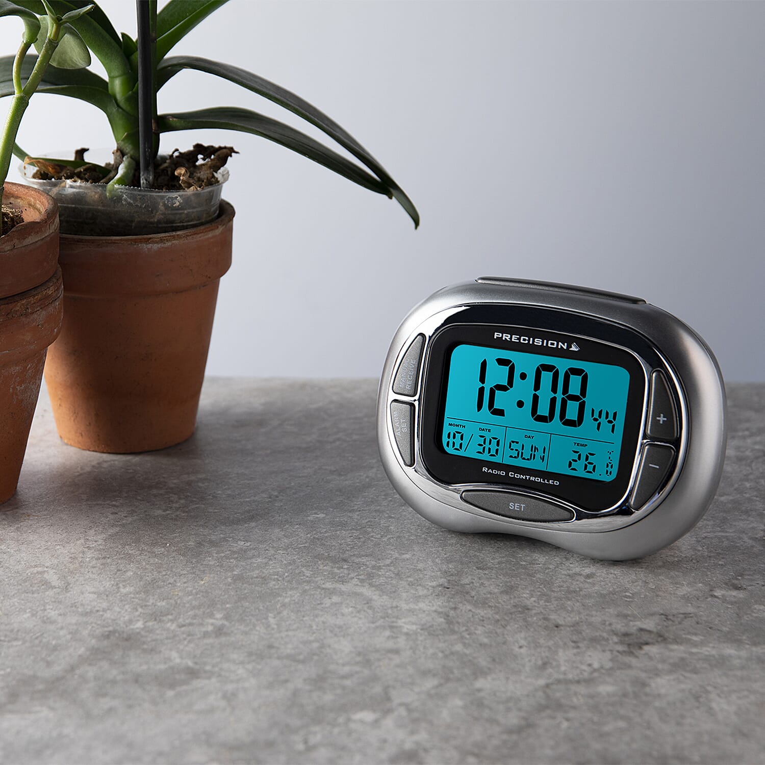 Digital Radio Controlled Alarm Clock - Time, Date, Temperature, Snooze & Backlight (2xAA Battery not Incl.) - Silver