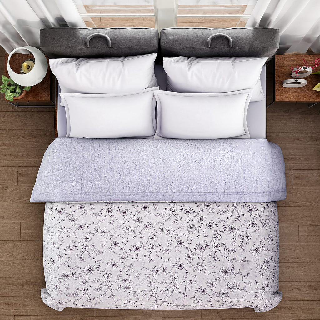 Polyester Flower and Leaves Blanket (Size 2x1 m) - White & Blue