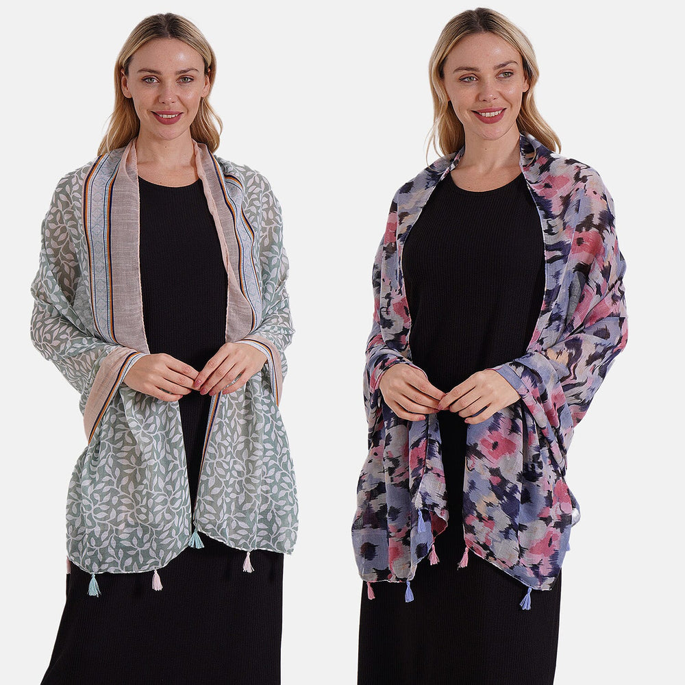 New Arrival- Abstract Flower & Leaf Pattern Dual Scarf Set - Green & Multicolor
