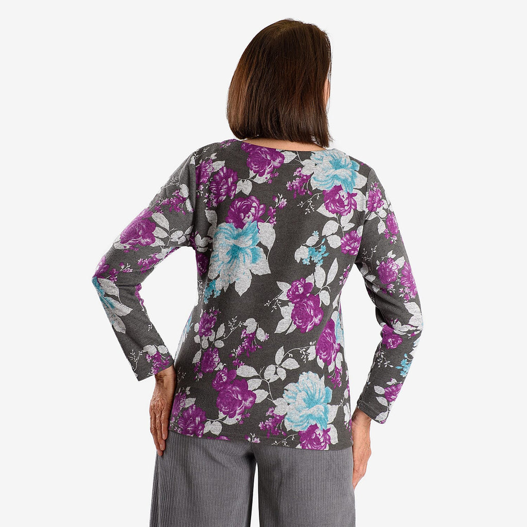 Closeout Deal Floral Pattern Long Sleeve Blouse (Size L) - Grey