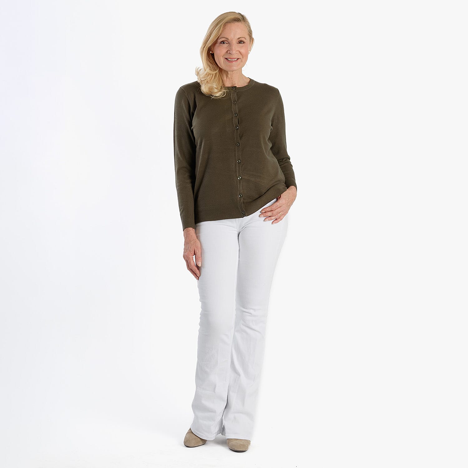 Pure And Natural Crew Neck Cardigan (Size 20) - Olive