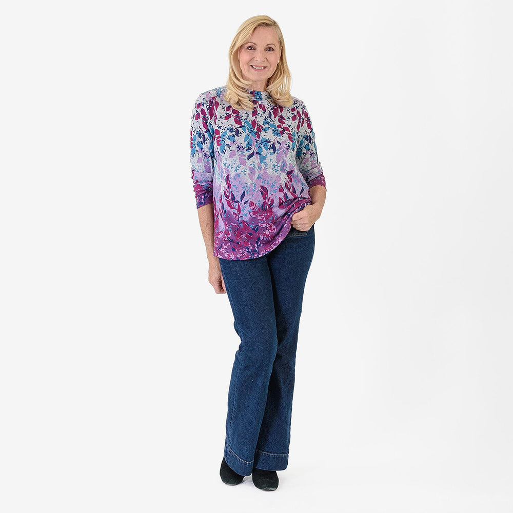 Pure And Natural Women's Turtle Neck Long Sleeve Jersey Top (Size L) - Grey, Purple & Blue