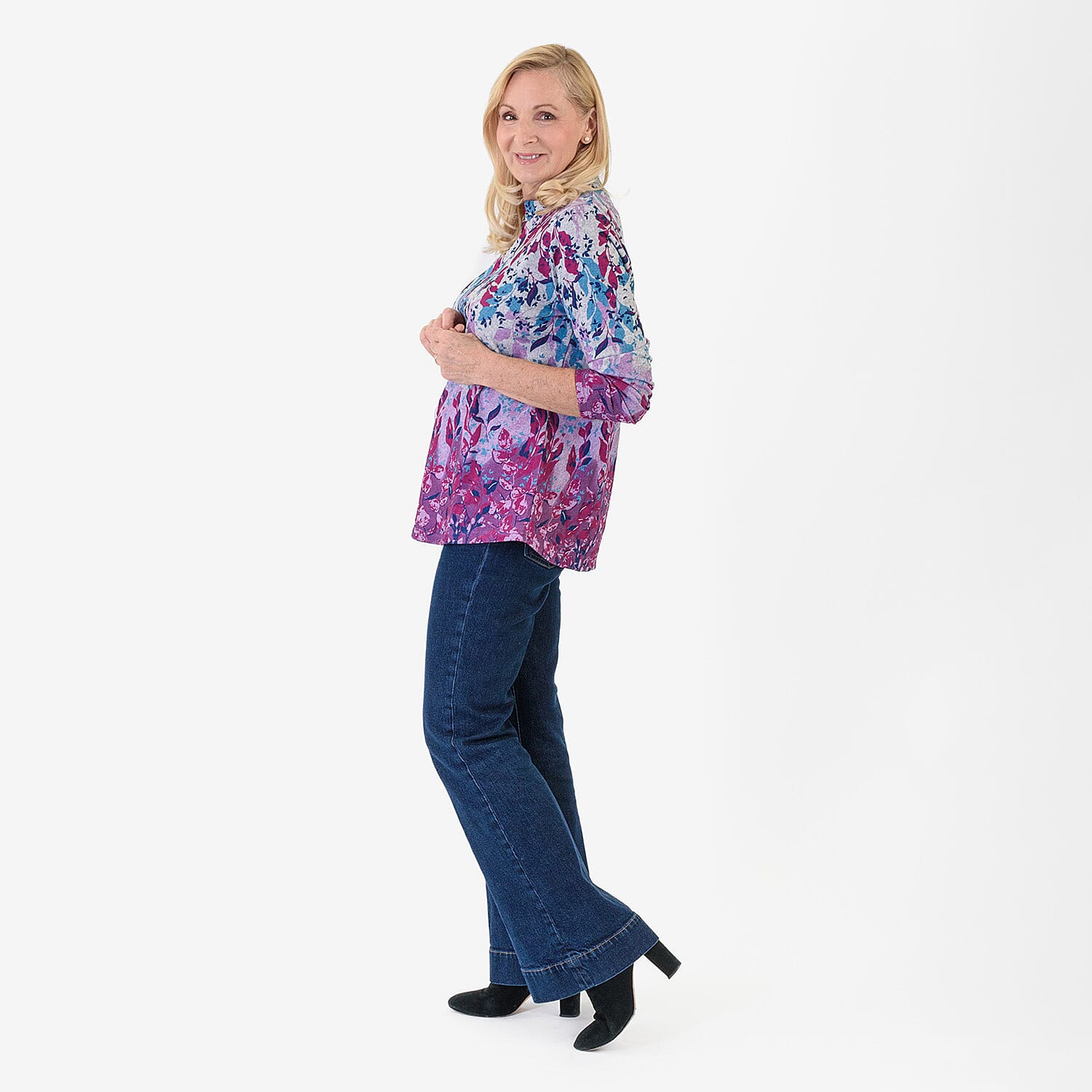 Pure And Natural Women's Turtle Neck Long Sleeve Jersey Top (Size L) - Grey, Purple & Blue