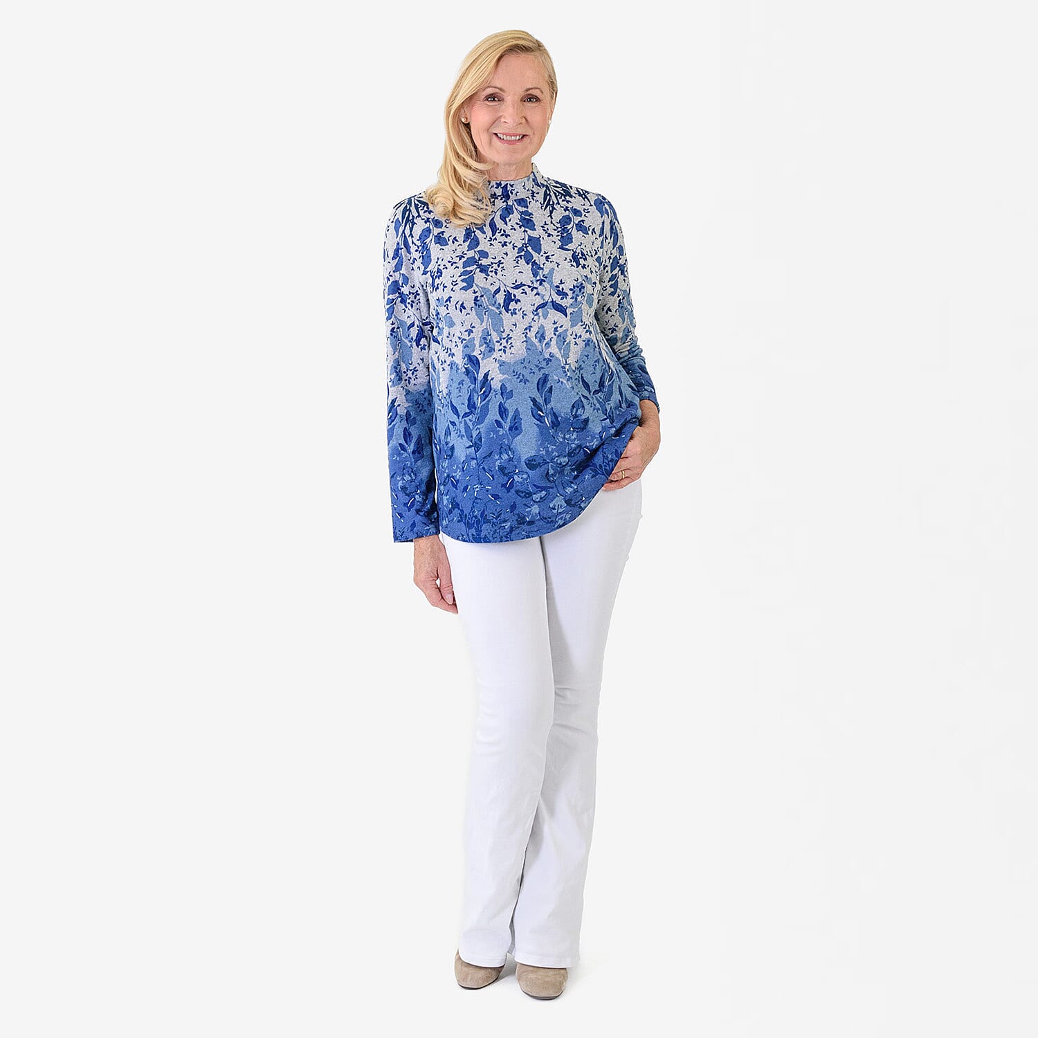 Pure And Natural Women's Turtle Neck Long Sleeve Jersey Top (Size M) - Blue & Grey