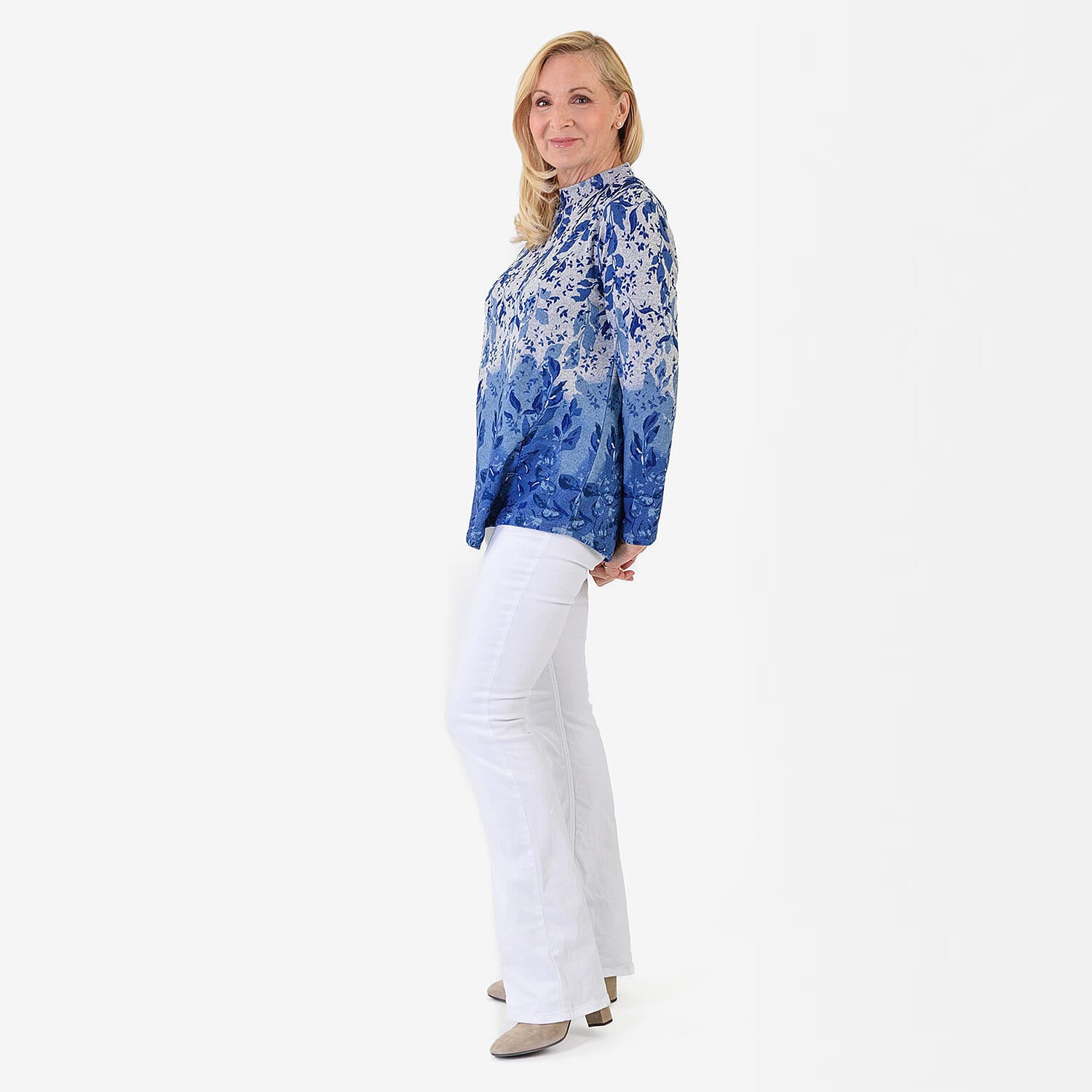 Pure And Natural Women's Turtle Neck Long Sleeve Jersey Top (Size M) - Blue & Grey