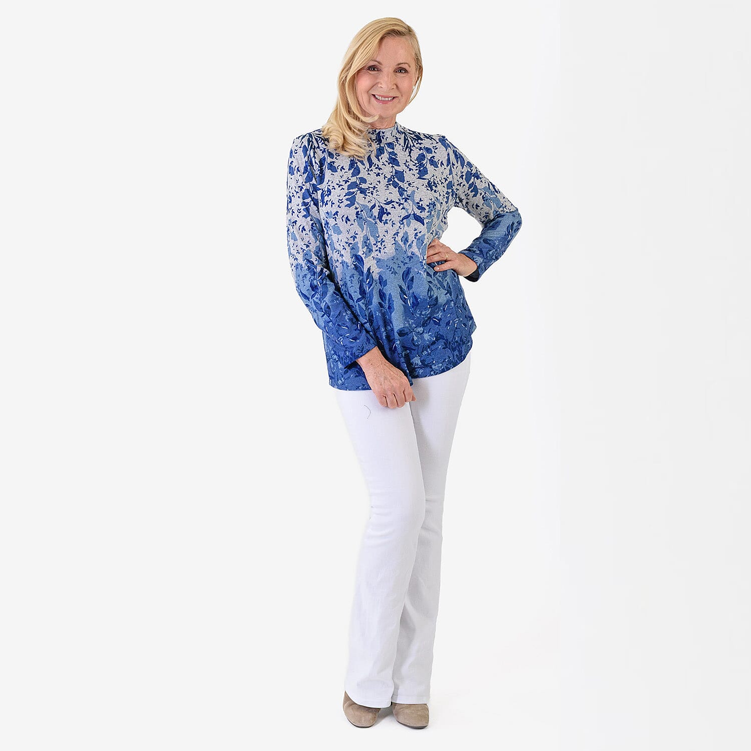 Pure And Natural Women's Turtle Neck Long Sleeve Jersey Top (Size S) - Blue & Grey