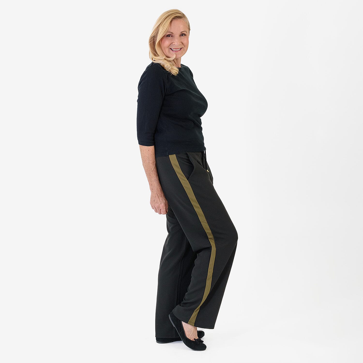 Pure And Natural Women's Wide Leg Track Pants With Contrast Stripe (Size L) - Black & Khaki