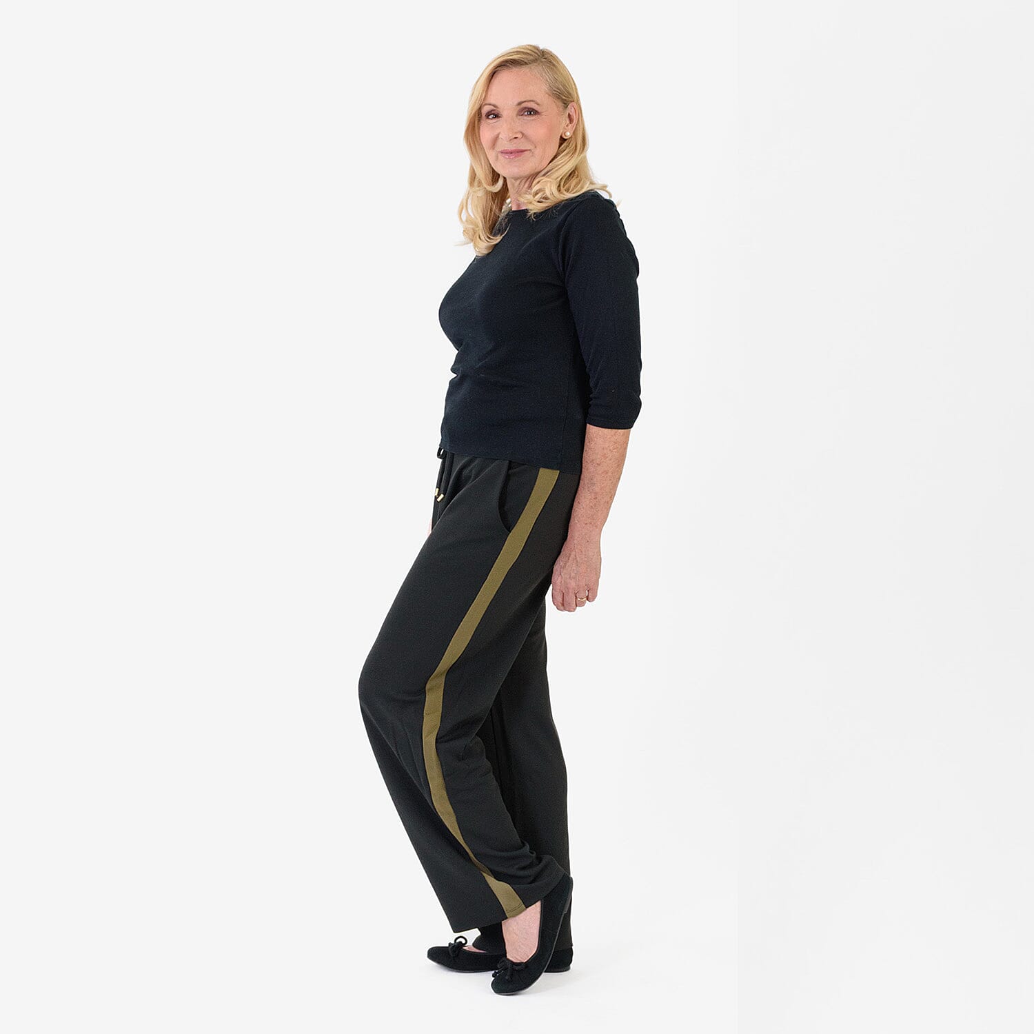 Pure And Natural Women's Wide Leg Track Pants With Contrast Stripe (Size M) - Black & Khaki