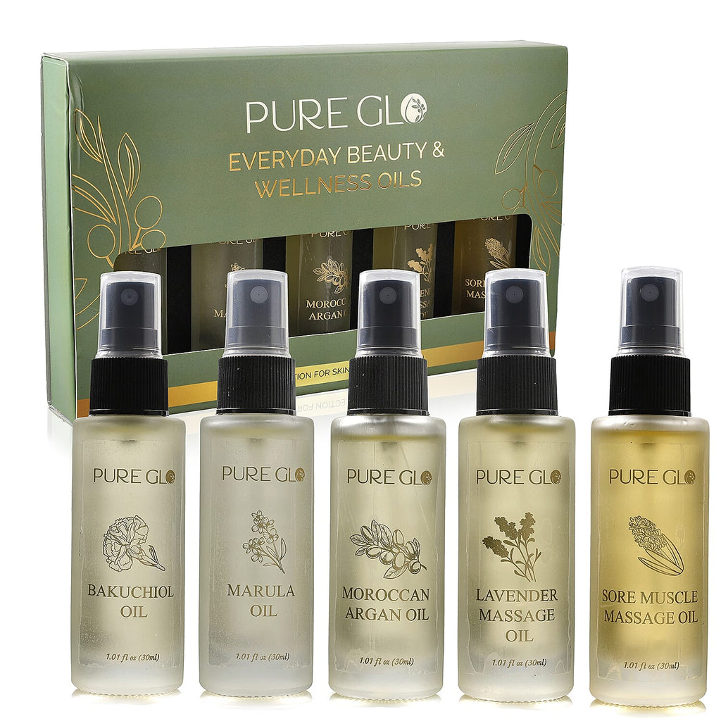 Pure Glo Set of 5 Oils - 1 Lavender Oil, 1 Sore Muscle Oil,1 Marula Oil,1 Argan Oil & 1 Bakuchi Oil (30ml each) Spray Bottles