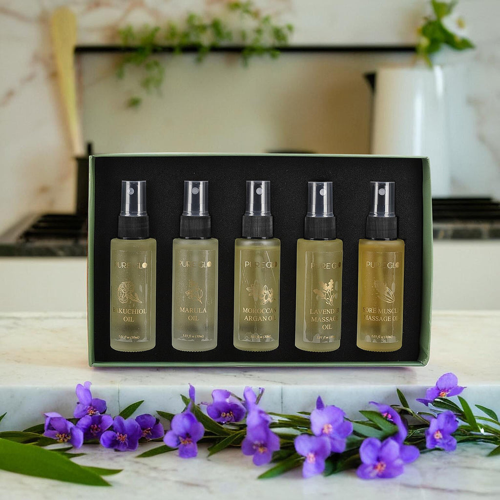 Pure Glo Set of 5 Oils - 1 Lavender Oil, 1 Sore Muscle Oil,1 Marula Oil,1 Argan Oil & 1 Bakuchi Oil (30ml each) Spray Bottles