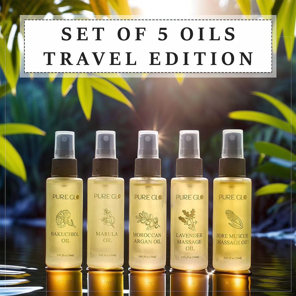Pure Glo Set of 5 Oils - 1 Lavender Oil, 1 Sore Muscle Oil,1 Marula Oil,1 Argan Oil & 1 Bakuchi Oil (30ml each) Spray Bottles