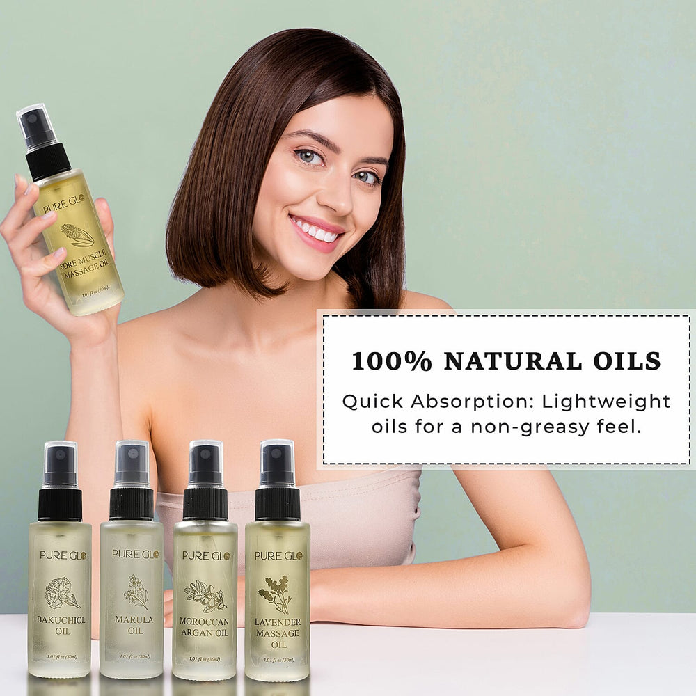 Pure Glo Set of 5 Oils - 1 Lavender Oil, 1 Sore Muscle Oil,1 Marula Oil,1 Argan Oil & 1 Bakuchi Oil (30ml each) Spray Bottles