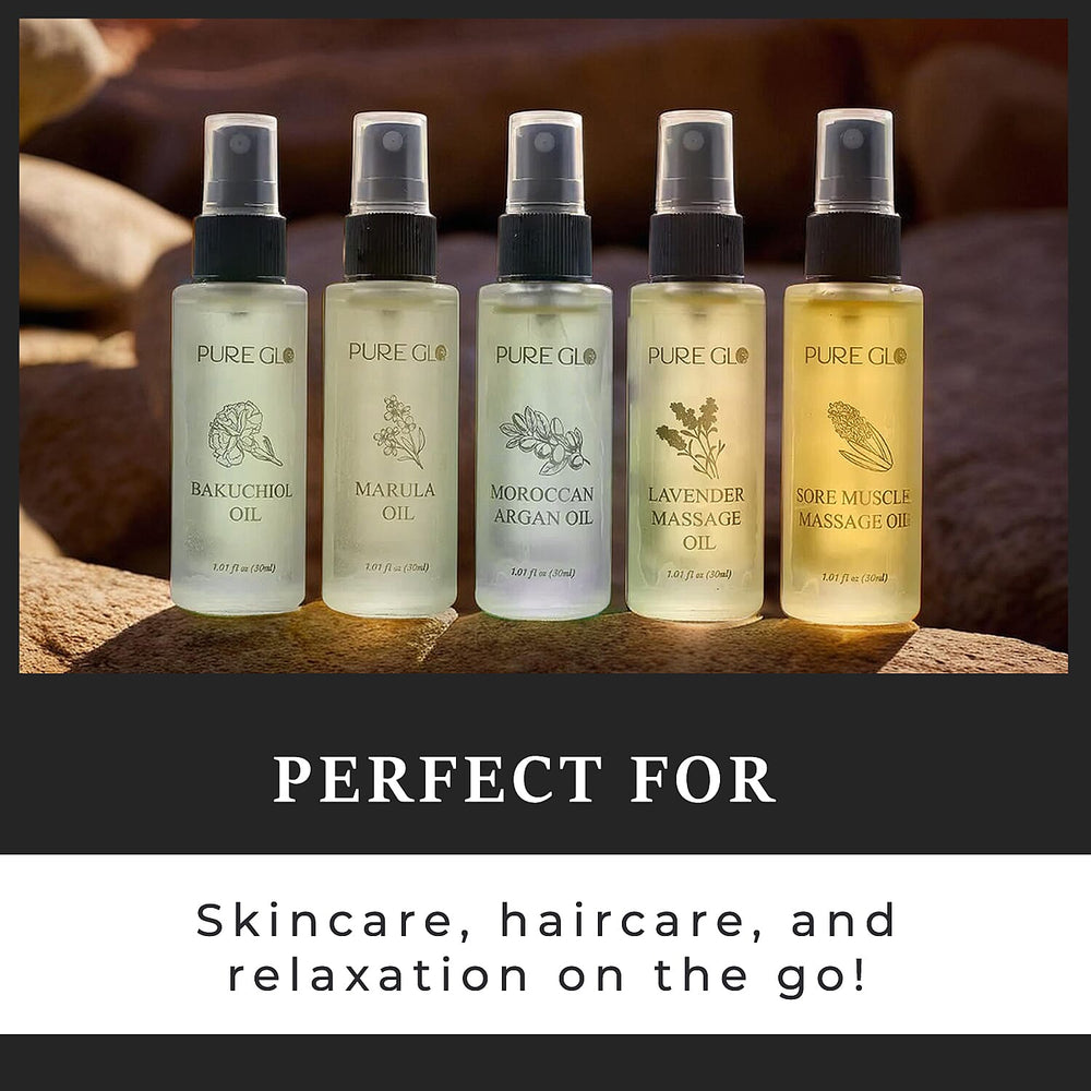 Pure Glo Set of 5 Oils - 1 Lavender Oil, 1 Sore Muscle Oil,1 Marula Oil,1 Argan Oil & 1 Bakuchi Oil (30ml each) Spray Bottles