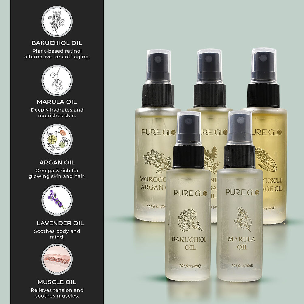 Pure Glo Set of 5 Oils - 1 Lavender Oil, 1 Sore Muscle Oil,1 Marula Oil,1 Argan Oil & 1 Bakuchi Oil (30ml each) Spray Bottles