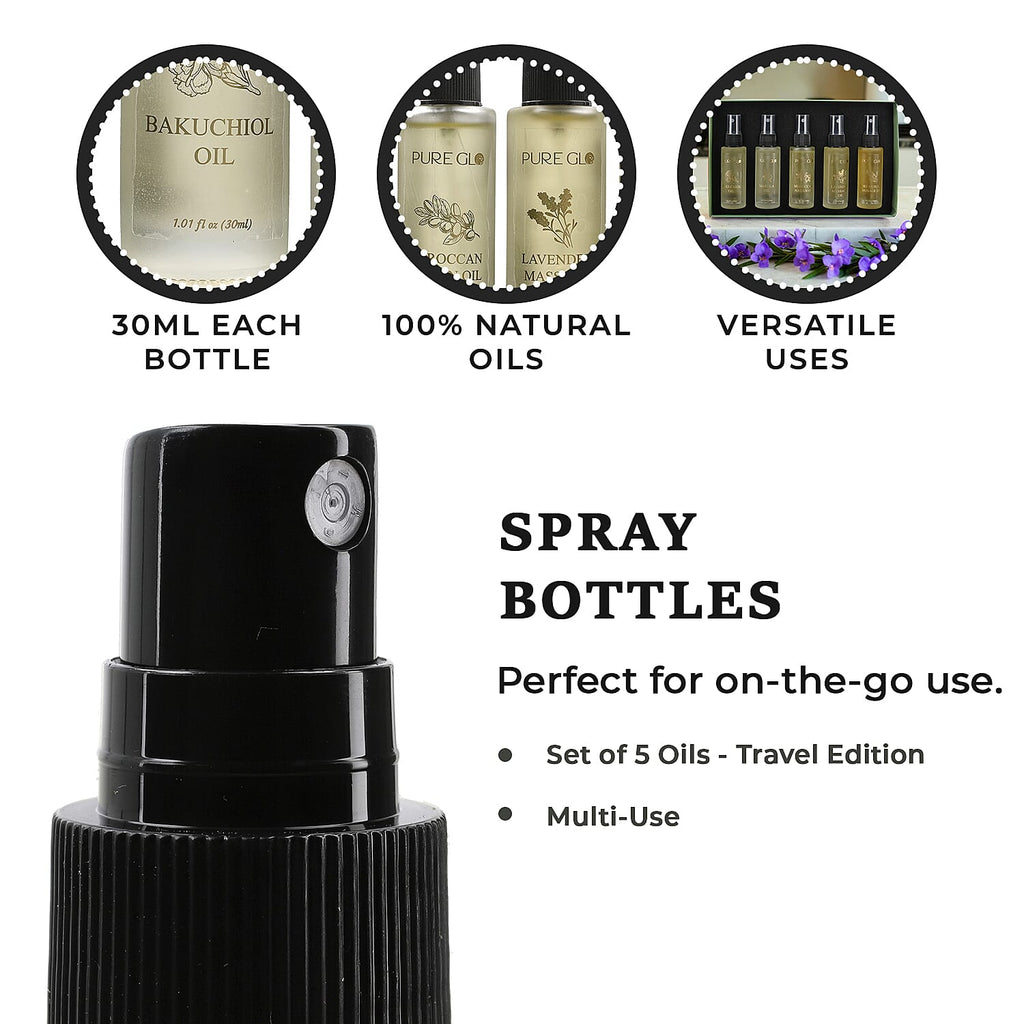Pure Glo Set of 5 Oils - 1 Lavender Oil, 1 Sore Muscle Oil,1 Marula Oil,1 Argan Oil & 1 Bakuchi Oil (30ml each) Spray Bottles