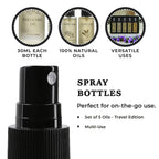 Pure Glo Set of 5 Oils - 1 Lavender Oil, 1 Sore Muscle Oil,1 Marula Oil,1 Argan Oil & 1 Bakuchi Oil (30ml each) Spray Bottles