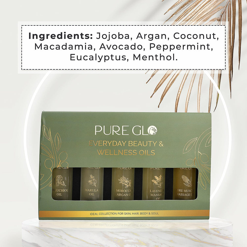 Pure Glo Set of 5 Oils - 1 Lavender Oil, 1 Sore Muscle Oil,1 Marula Oil,1 Argan Oil & 1 Bakuchi Oil (30ml each) Spray Bottles