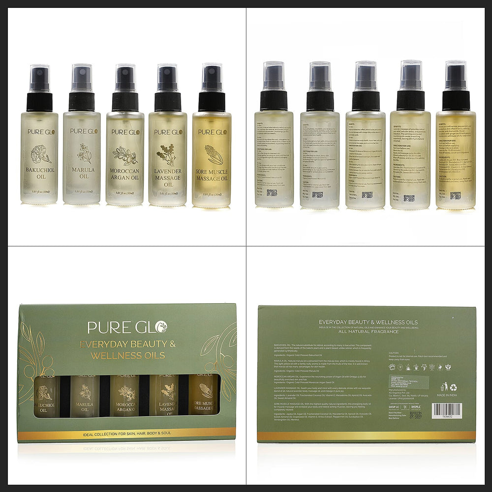 Pure Glo Set of 5 Oils - 1 Lavender Oil, 1 Sore Muscle Oil,1 Marula Oil,1 Argan Oil & 1 Bakuchi Oil (30ml each) Spray Bottles