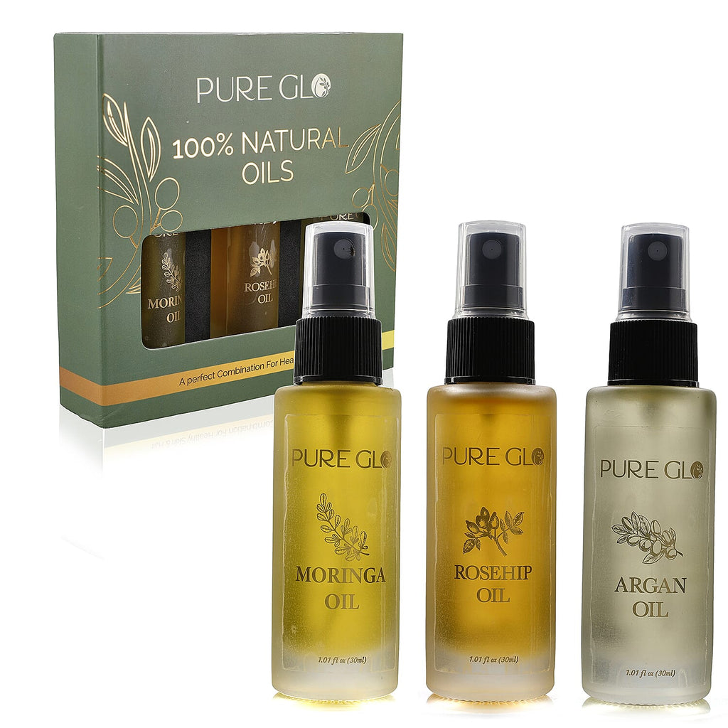 Pure Glo Set of 3 Oils - Travel Edition Organic Moringa Oil, Argan Oil - Rosehip Oil (30ml each) Spray Bottles