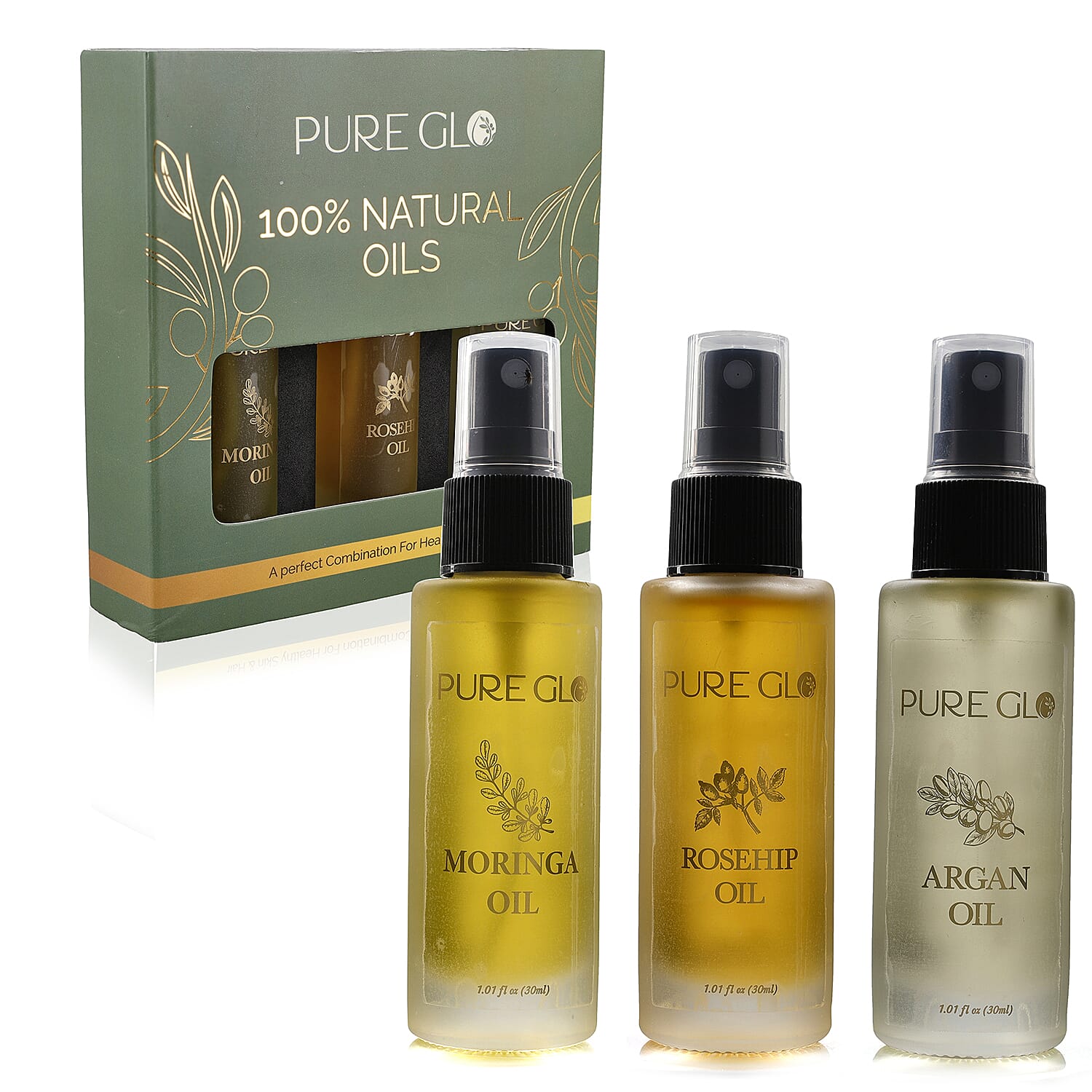 Pure Glo Set of 3 Oils - Travel Edition Organic Moringa Oil, Argan Oil - Rosehip Oil (30ml each) Spray Bottles