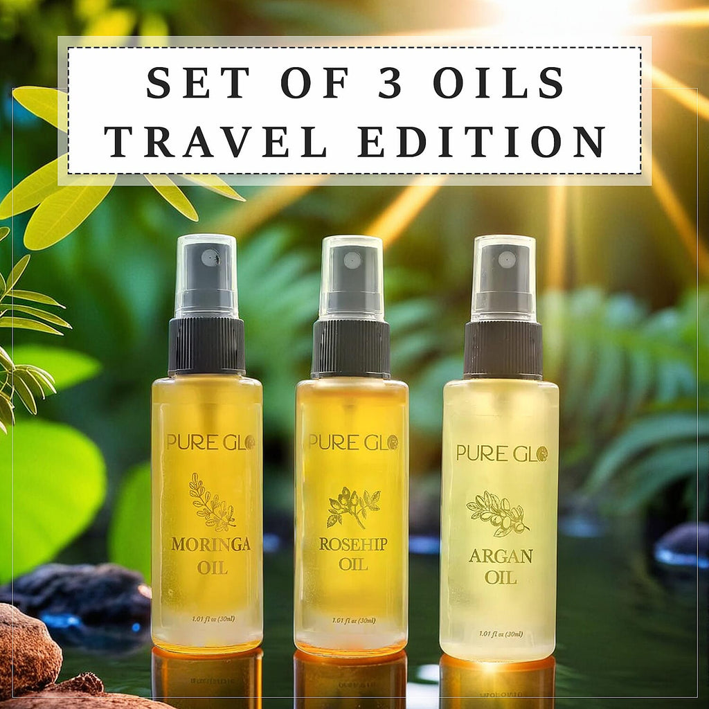 Pure Glo Set of 3 Oils - Travel Edition Organic Moringa Oil, Argan Oil - Rosehip Oil (30ml each) Spray Bottles