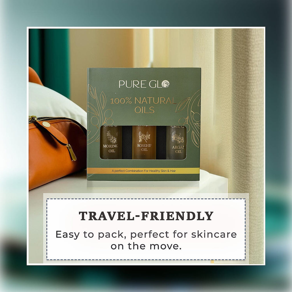 Pure Glo Set of 3 Oils - Travel Edition Organic Moringa Oil, Argan Oil - Rosehip Oil (30ml each) Spray Bottles