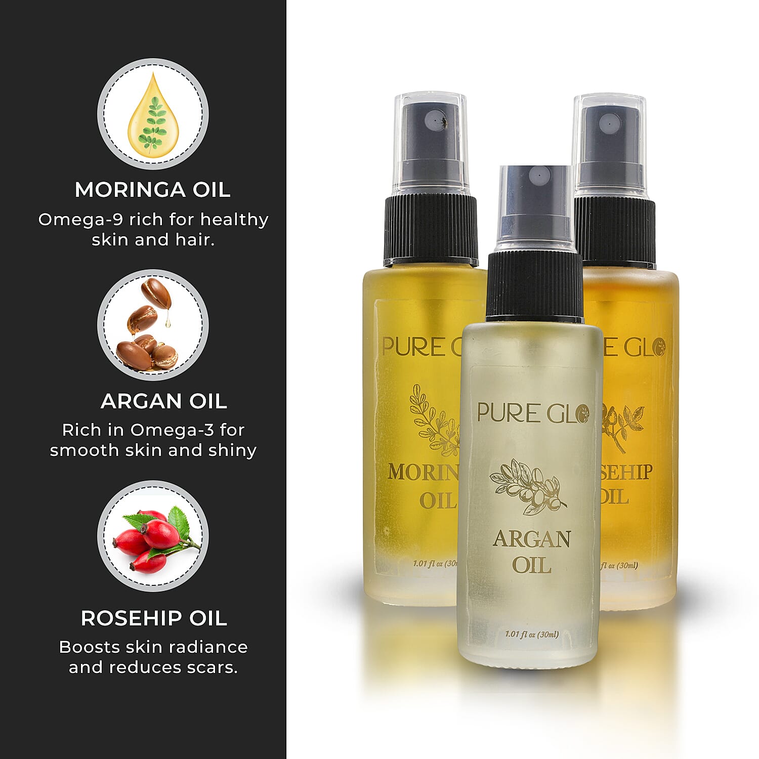 Pure Glo Set of 3 Oils - Travel Edition Organic Moringa Oil, Argan Oil - Rosehip Oil (30ml each) Spray Bottles